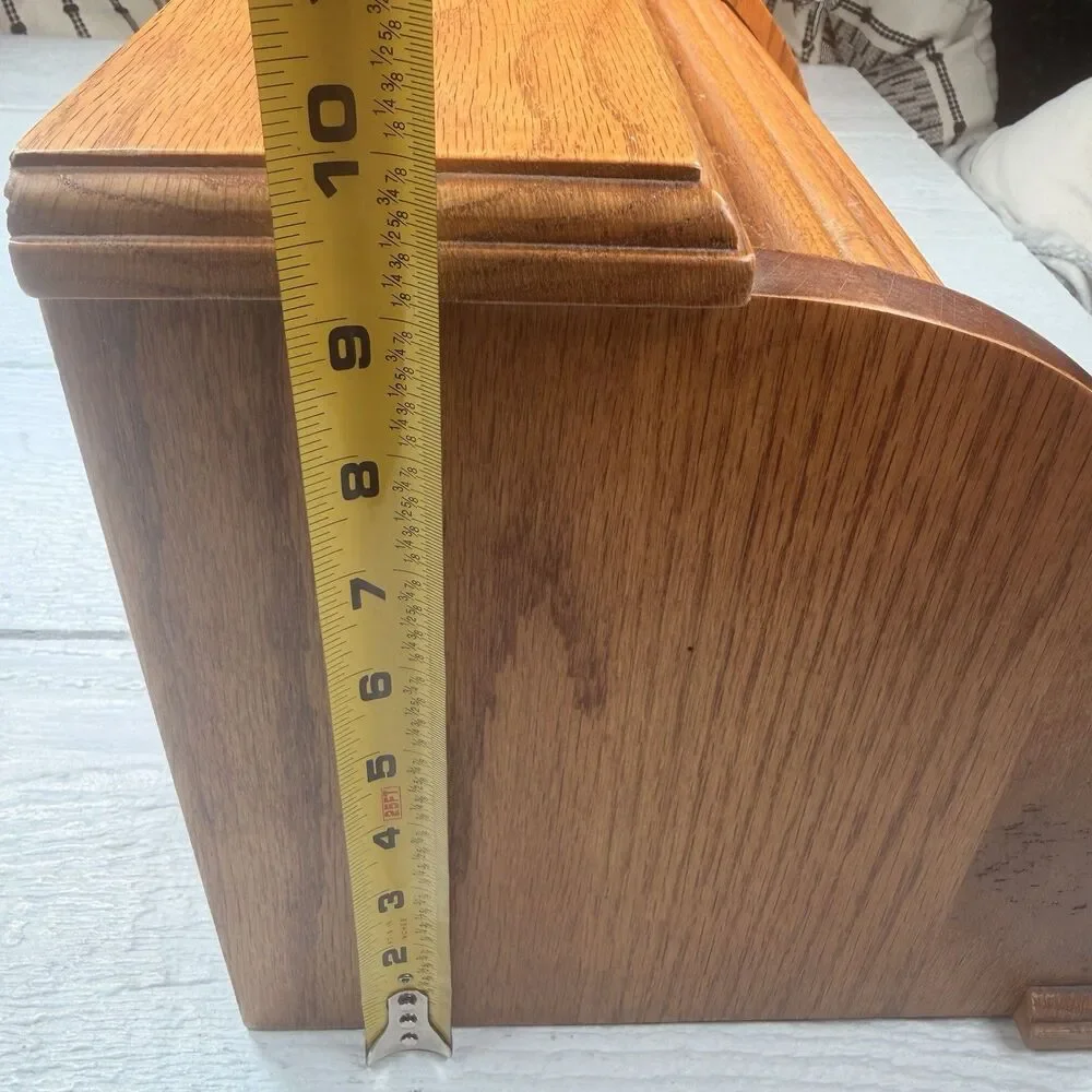 Vintage Solid Oak Roll Top Bread Box Tambour Door Farmhouse Kitchen Storage
